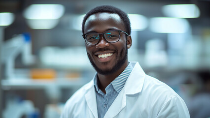 African Black Man Lab Technician - scientist, lab, man, smiling, glasses, white coat, laboratory, research, professional, healthcare, researcher, medical, scientist smiling, working