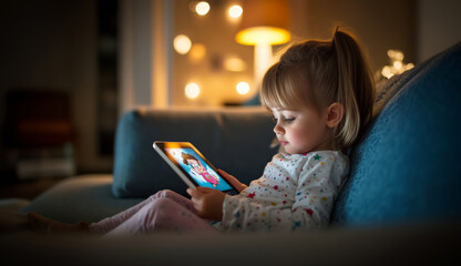 Little blonde-haired child sitting on a comfortable sofa in the living room with wi-fi connected tablet in hands and watching cartoons. Modern digital devices and kids' eye health concept image.