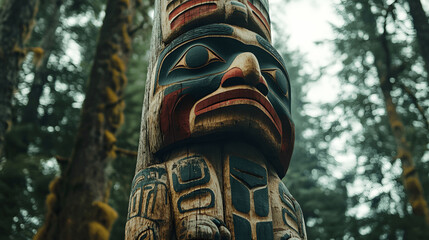 Native American totem pole intricately carved and painted in forest