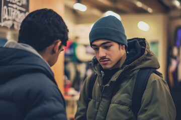 Fototapeta premium Two Young Men Engaged in Serious Conversation Inside a Cozy Urban Clothing Store in Winter