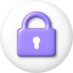 3d icon. Purple lock on white button. PNG illustration.