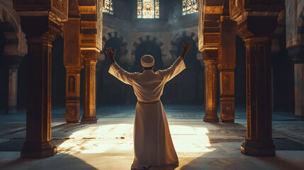 Sufi dervish singing spiritual songs with hands raised in historic mosque