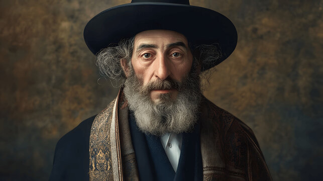 Portrait of Jewish man in traditional Hasidic attire with payot and prayer shawl