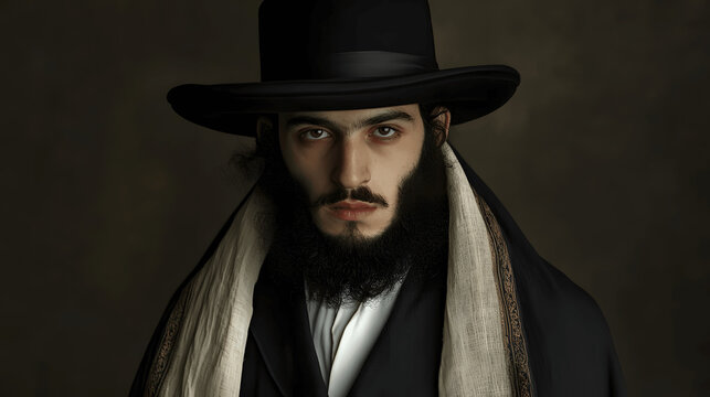 Portrait of Jewish man in traditional Hasidic attire with payot and prayer shawl