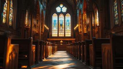 Fototapeta premium Solemn backdrop of ancient synagogue with stained glass windows and colorful light on wooden pews