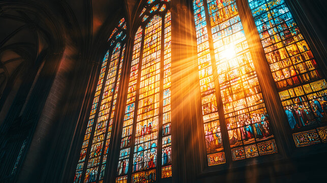 Stunning stained glass window in Gothic cathedral depicting biblical scene with sunlight