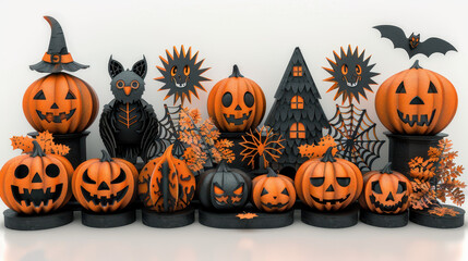 Scary pumpkins and autumn decor and Halloween decorations 