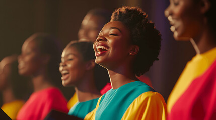 Obraz premium Vibrant gospel choir performing in lively service with bright robes and joyful expressions