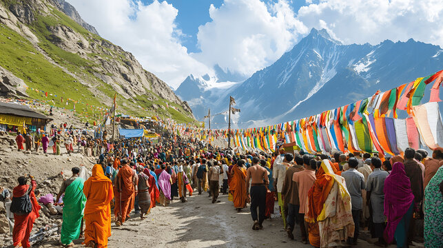 Vibrant scene of Hindu pilgrims trekking to Amarnath Cave with colorful flags and offerings