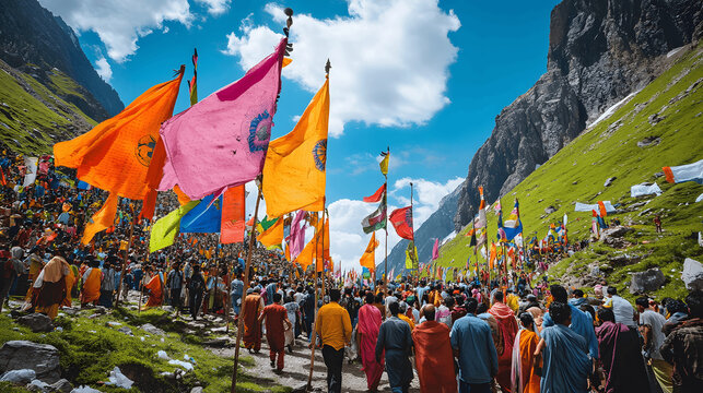 Vibrant scene of Hindu pilgrims trekking to Amarnath Cave with colorful flags and offerings