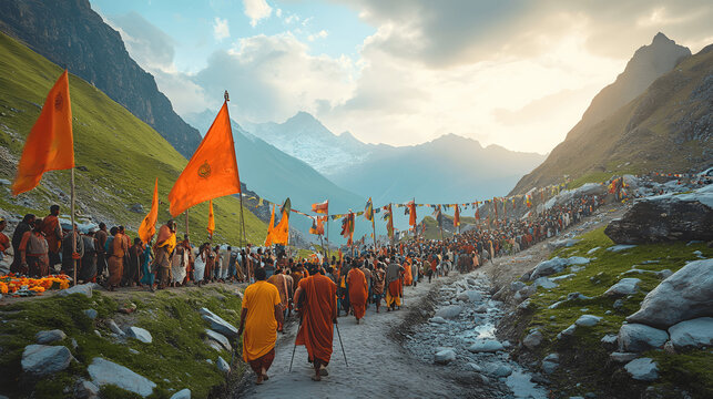 Vibrant scene of Hindu pilgrims trekking to Amarnath Cave with colorful flags and offerings