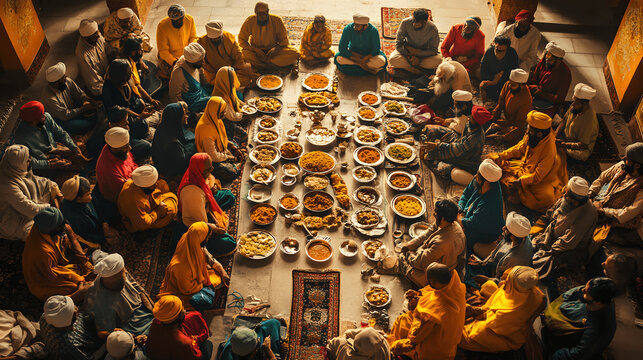 Vibrant Sikh congregation partaking in langar meal in communal hall
