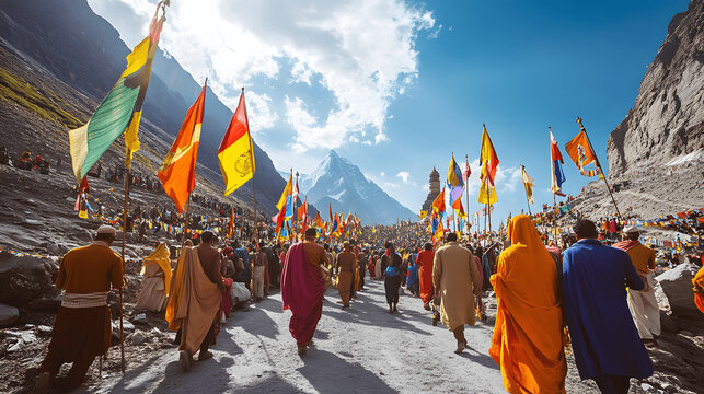 Vibrant scene of Hindu pilgrims trekking to Amarnath Cave with colorful flags and offerings
