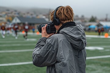Photographer Capturing Action in Rainy Game