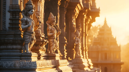 Ornate Hindu temple with carvings and deities in golden twilight