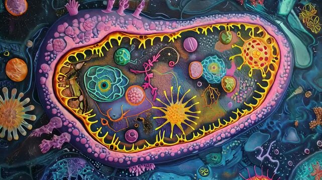 A vibrant and detailed artistic depiction of a cell's interior, showcasing various organelles with bright colors and intricate designs. The image captures the complexity and beauty of cellular