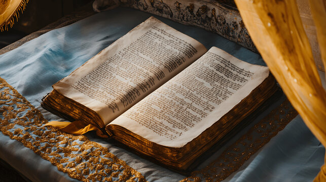 Open Guru Granth Sahib with Gurmukhi script on embroidered cloth under canopy