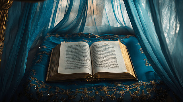 Open Guru Granth Sahib with Gurmukhi script on embroidered cloth under canopy