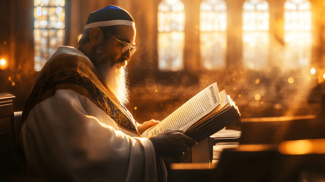 Orthodox Jewish rabbi reading Torah with tallit in warm synagogue