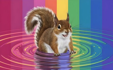 Squirrel Resting on Water Amidst Colorful Circular Shapes.