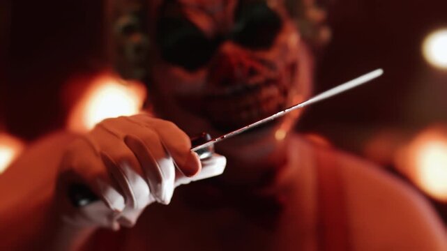 Scary man in the clown mask is standing in suspenders and a bow tie and demonstrating a bloody knife with the background of burning cars at night