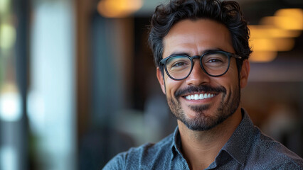 Obraz premium Hispanic Man Accountant - man, smiling, glasses, office, business, professional, casual, portrait, happy, confident, curly hair, shirt, indoors, work, employee
