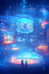 An illustration of a futuristic 3D entertainment hub with holographic games and virtual reality experiences