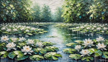 A pond with lilies impasto illustration painting