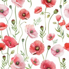 Wildflower seamless pattern with poppies, cornflowers, chamomile, rye and wheat spikelets in watercolor