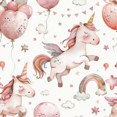 Obraz premium This is a kids pattern with white horses, rainbows, garland, stars, and balloons