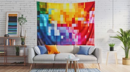 vibrant home decor in style of contemporary and retro pixel art wall tapestry