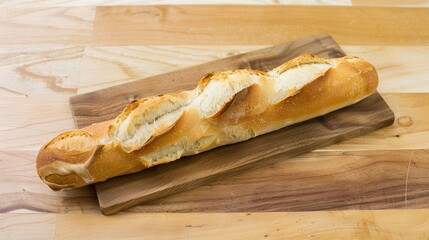  A loaf of bread sits on a wooden cutting board on a wooden table