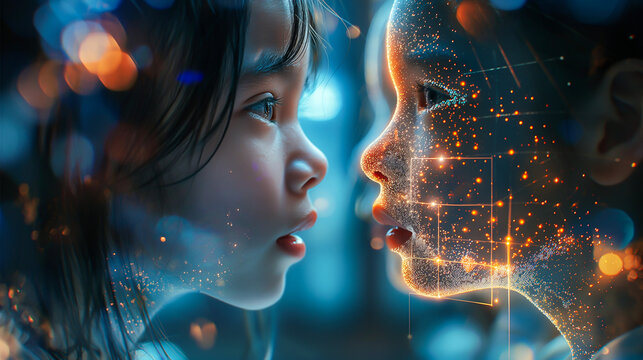 Digital Native Concept, Little Girl Facing her Online Reflection Twin. Internet Identity, Virtual Persona, Cyber Presence, Social Media Profile. Human Connection, Mental Wellness, Blue Light Hologram