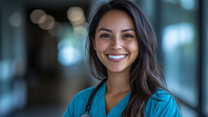 Fototapeta premium Latino Hispanic Woman Nurse - nurse, woman, healthcare, medical professional, smiling, corridor, scrubs, doctor, hospital, health worker, confident, friendly, healthcare worker