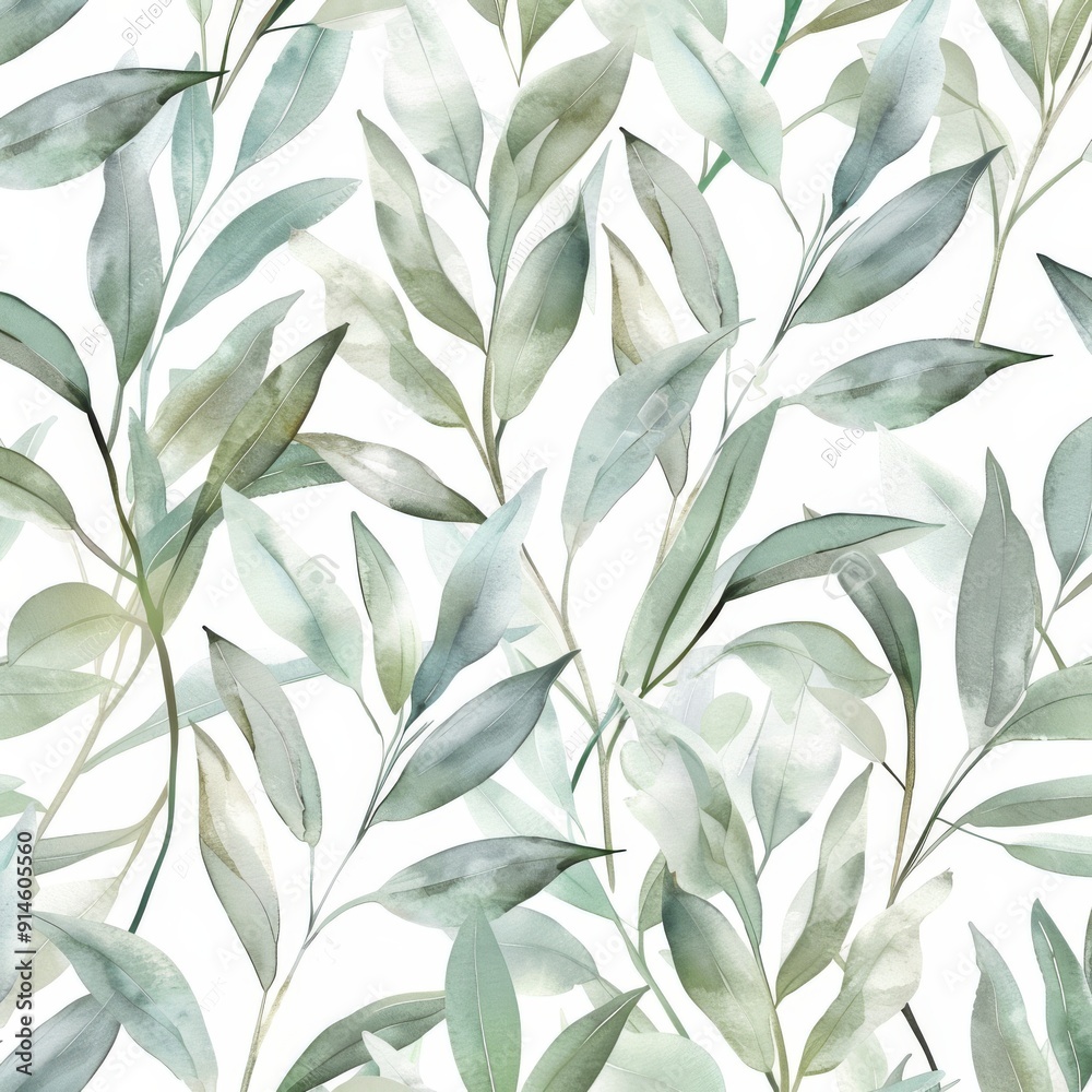 Wall mural This seamless watercolor floral pattern features pink blush flowers elements, green leaves branches on a white backdrop. This pattern is suitable for wrappers, wallpapers, postcards, greeting cards,