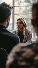 Fototapeta premium A woman listens intently while others engage in a discussion in a well-lit room