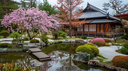 Obraz premium A peaceful Japanese garden in spring, featuring cherry blossoms and a traditional wooden house.