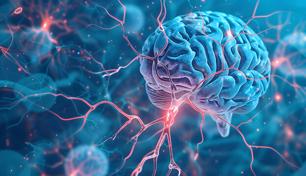 Human brain stimulation or activity with neuron close-up 3D rendering illustration. Neurology, cognition, neuronal network, psychology, neuroscience scientific concepts design
