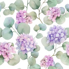 This seamless watercolor pattern features hortensia flowers and eucalyptus branches.