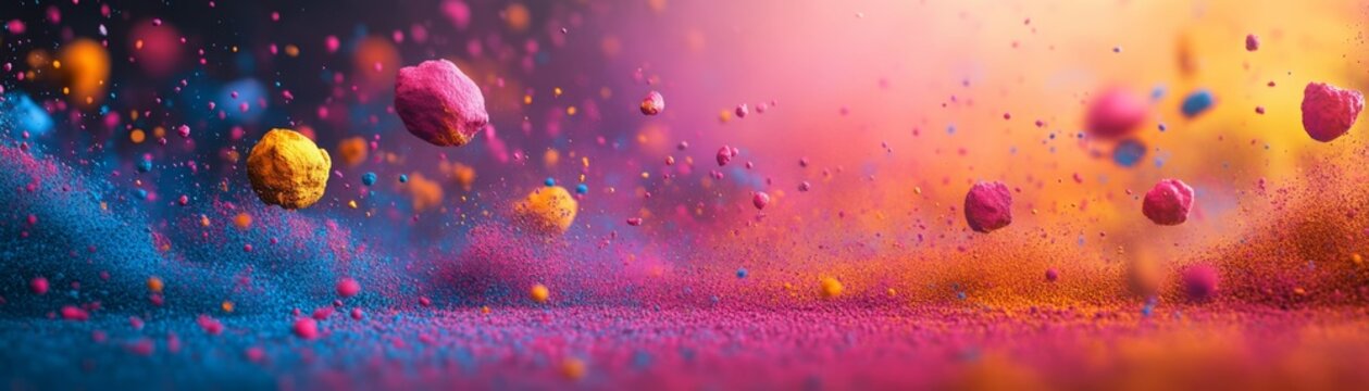 3D Colorful Holi Celebration Banner with Joyful Crowd Background - Festive Empty Space for Text Overlay