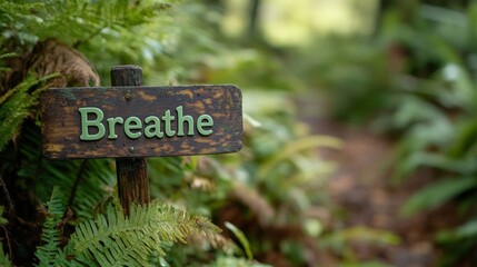 Serene "Breathe" Sign in Green Letters on Forest Path Background | Tranquil Nature Inspiration for Wellness | Peaceful Relaxation Concept