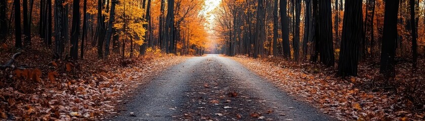 Fototapeta premium Autumn stroll, vibrant colors, scenic route, dynamic action, inviting