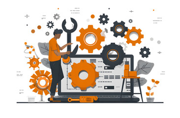 IT administrator with software upgrade process on a laptop. Digital system device administration, network upkeeping, computer systems configuration concept design