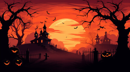Eerie Halloween Scene With Haunted House Bats And Full Moon In Spooky Forest