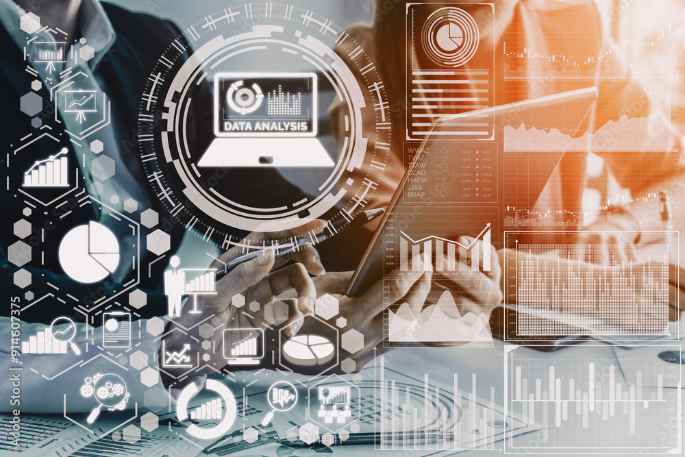 Poster data analysis for business and finance concept. interface showing future computer technology of prof