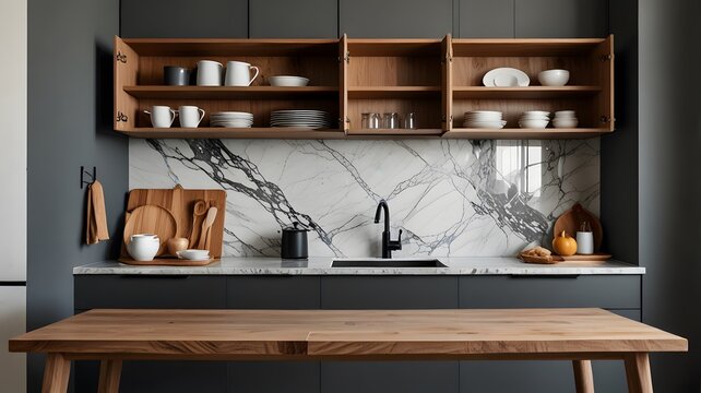 Front view of elegant interior with gray drawers under kitchen cabinet. empty wooden table and marble countertop in room. modern equipment for cooking. well organized space for storage food products