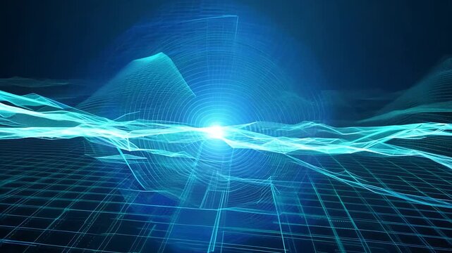 Abstract digital landscape with glowing waves flowing over grid, representing the concept of data flow, network communication, or cyberspace