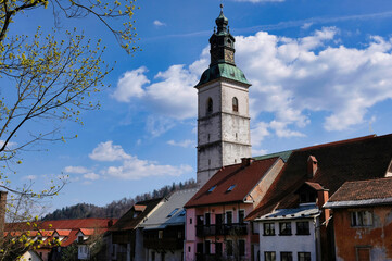 Fototapeta premium Skofja Loka is a beautiful medieval town in Slovenia it preserves a picturesque old town with colorful houses, wall paintings and forged signs