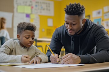 Naklejka premium Engaging Student and Mentor Collaborate on Homework Assignment in Classroom Setting
