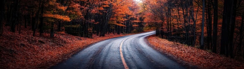 Fall foliage path, vibrant colors, scenic route, dynamic action, inviting